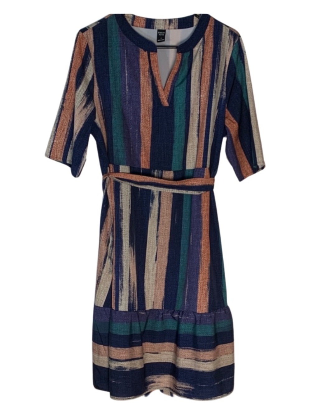 Brush Stroke Striped Midi Dress with Ruffled Hem Size L Boho Artsy